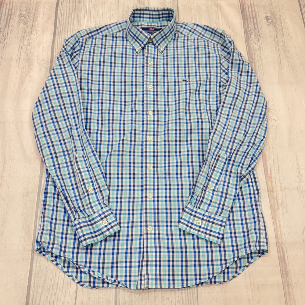 Vineyard Vines Slim Fit Whale Button Shirt M Cotton Plaid Blue Mens